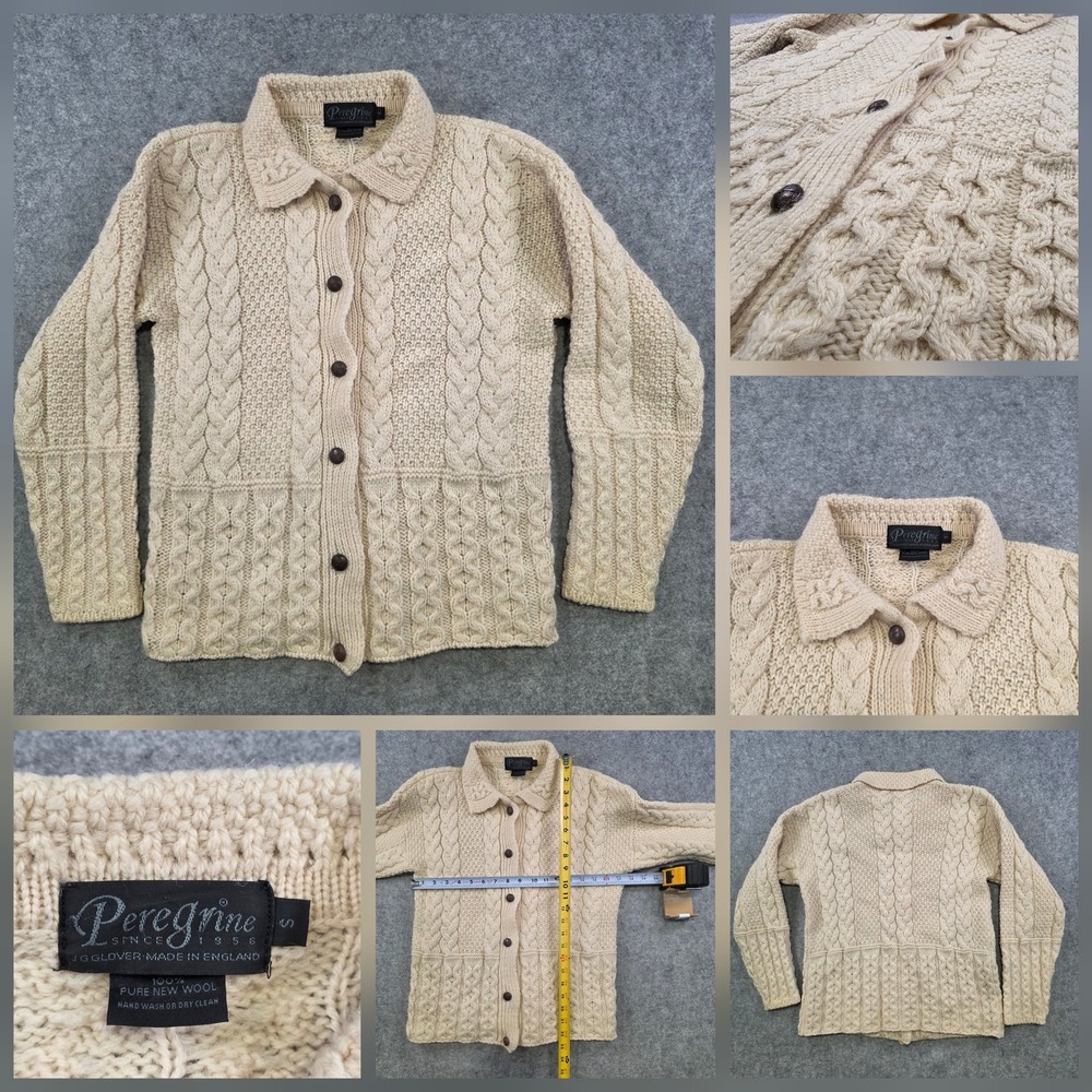 Peregrine Sweater Womens Small White Wool Cable Knit Button Cardigan England